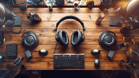 Top view of modern workplace with headphones on wooden table. 3d renderingの素材