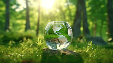 Globe in a glass vase on the background of green forestの素材