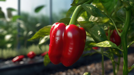 Red bell pepper growing in a greenhouse. Selective focus. Shallow depth of fieldの素材