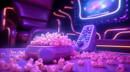 3d rendering of a remote control and popcorn on a purple backgroundの素材