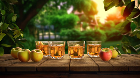 Glasses of apple juice on wooden table in garden. 3d renderの素材