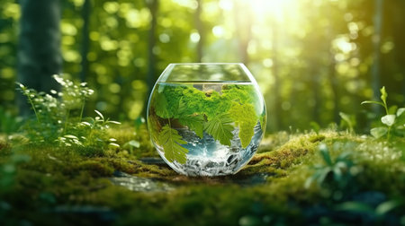 Glass globe with fern leaves in the forest. 3d renderingの素材