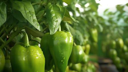Green bell peppers growing in greenhouse, closeup. Vegetable farmingの素材