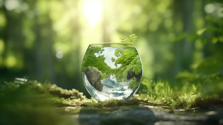 Glass globe in the green forest. Ecology concept. 3D Renderingの素材