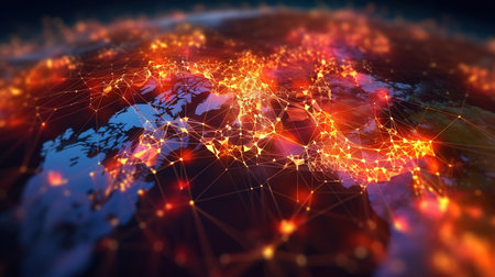 World map with glowing lines and dots. Concept of digital communication and technology. 3D renderingの素材