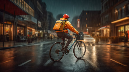 Young delivery man riding a bicycle in a rainy city at night.の素材