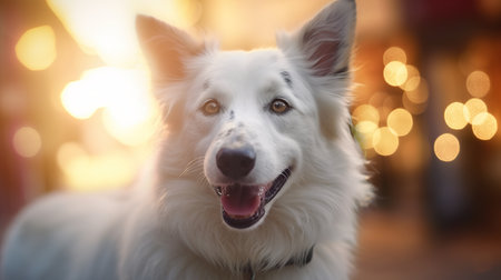 Portrait of a white Swiss Shepherd dog in front of bokeh backgroundの素材