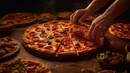 Male hand taking slice of pepperoni pizza from wooden table at pizzeriaの素材