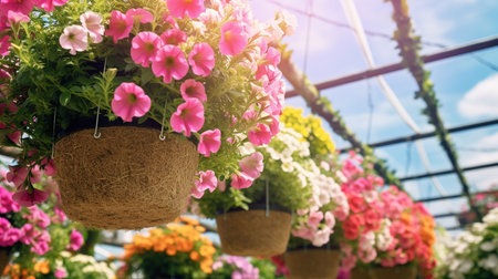 Colorful blooming petunias in pots in a flower shopの素材