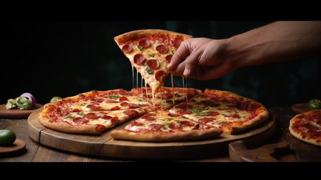 Pizza on a wooden table in the restaurant. Black background.の素材