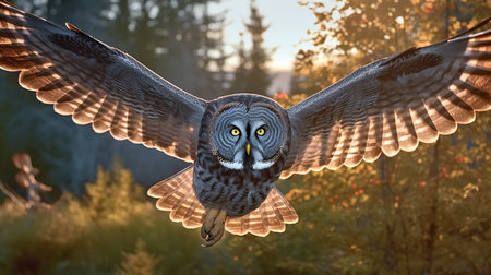3D rendering of a great grey owl in the forest at sunsetの素材
