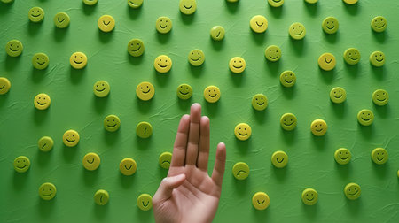 Hand pointing at smiley face on green background, 3d renderの素材