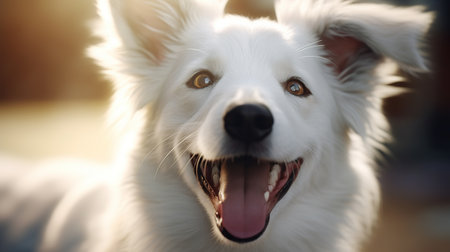 Close up portrait of a happy white Swiss Shepherd dog with open mouth.の素材