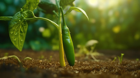 Green chilli pepper seedling growing in the ground. Selective focus.の素材