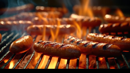 Grilling sausages on barbecue grill, closeup. Delicious foodの素材