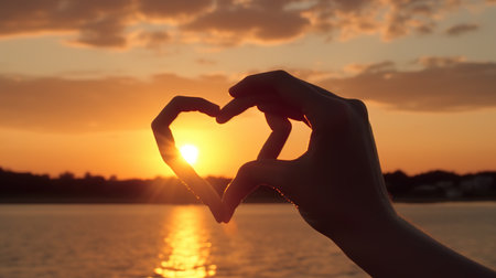 Silhouette of hands forming a heart shape with sunset background.の素材