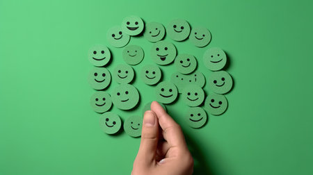 Female hand with smiley faces on green background, top view. Concept of communicationの素材