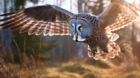Great grey owl flying in the forest. 3d render illustration.の素材