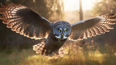 Great horned owl (Strix nebulosa) in flightの素材