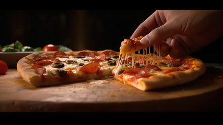 Pizza with mozzarella, tomatoes and olives on a wooden boardの素材