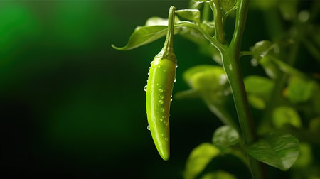 Green hot chili pepper with drops of water on a green background.の素材