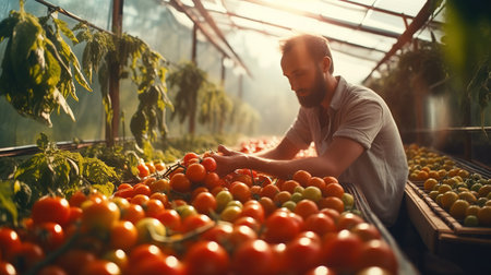 Young man working in a greenhouse, harvesting tomatoes. Selective focus.の素材
