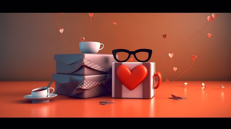 Cup of coffee with gift box and glasses against orange vignetteの素材