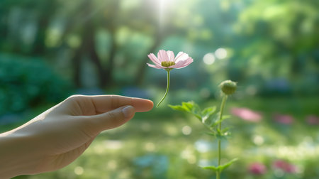 Woman hand holding pink flower in the garden with sunlight background, soft focusの素材