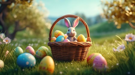 Basket with easter eggs on green grass. 3d renderingの素材