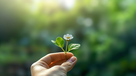 Hand holding small white flower on blurred green nature background with copy spaceの素材