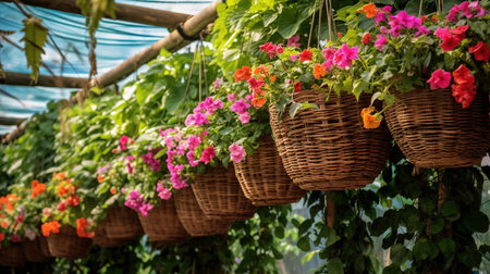 Colorful flowers in a basket hanging on the wall in the gardenの素材