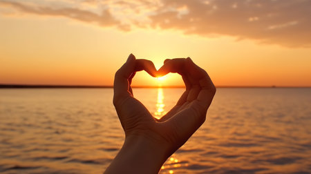 Female hands in heart shape on the background of the sea at sunsetの素材