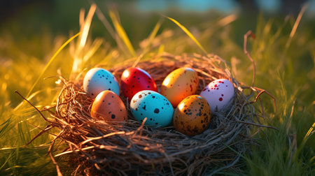 Easter eggs in nest on green grass background. Happy Easter!の素材