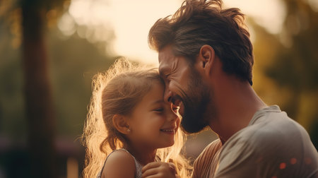 Young father and his adorable little daughter are hugging and smiling while spending time together outdoorsの素材
