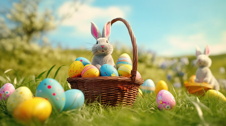 Basket with Easter eggs and bunny on green grass in spring dayの素材
