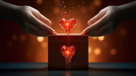 Conceptual image of human hands opening gift box with red heartの素材