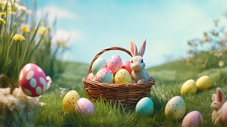 Basket with easter eggs and bunny on green grass in springの素材