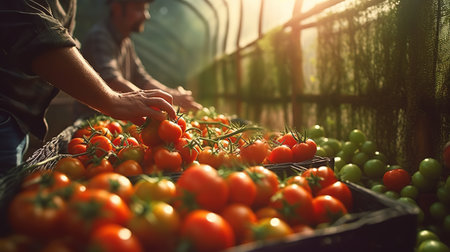 Farmer harvesting tomatoes in a greenhouse. Selective focus. nature.の素材