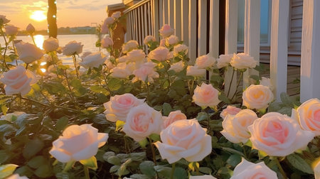 Beautiful white and pink roses in the garden on the sunset backgroundの素材