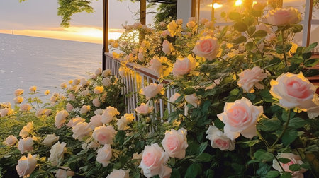 Beautiful roses on the terrace of the house at sunset.の素材