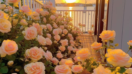 Beautiful roses on the balcony at sunset. Beautiful flowers in the garden.の素材