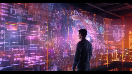 Back view of businessman working with virtual panel and night city at backgroundの素材