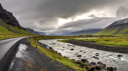 travel to Iceland - asphalt road along Vatnajokull National Park in septemberの素材