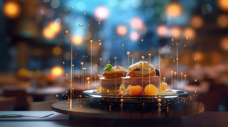 Piece of cake with fruits and drops of water on table.の素材