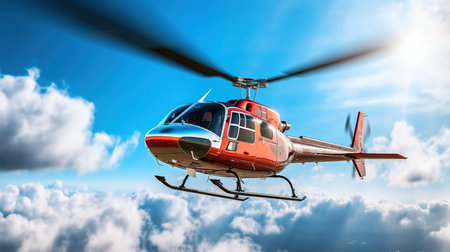 Helicopter flying in the blue sky with clouds. 3d renderingの素材