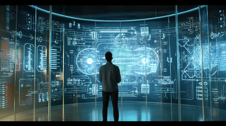 Back view of businessman looking at hologram screen with diagrams and graphsの素材