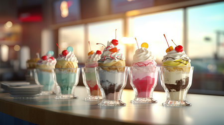 Colorful ice cream sundae in glass cups on table in cafeの素材