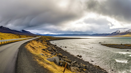 Icelandic landscape with road, mountains and clouds. Panoramaの素材