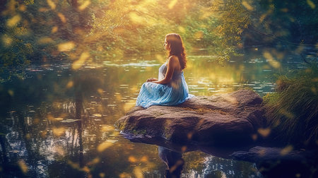 Beautiful girl in a blue dress sits on a stone in the forest by the riverの素材