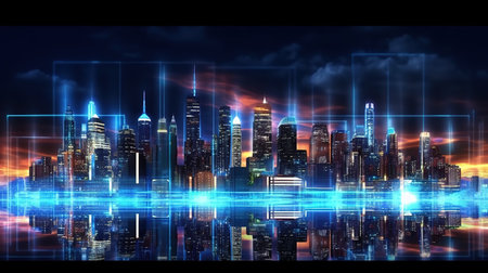 Abstract futuristic city background with neon lights. Futuristic city concept.の素材